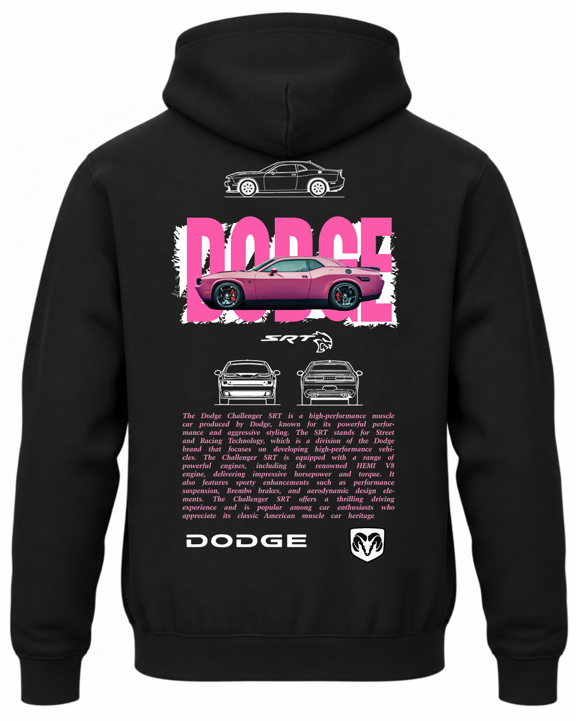 Czarna bluza z kapturem z nadrukiem różowego samochodu Dodge Charger