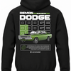 Czarna bluza z kapturem z nadrukiem zielonego samochodu Dodge Demon 340 z 1972 roku
