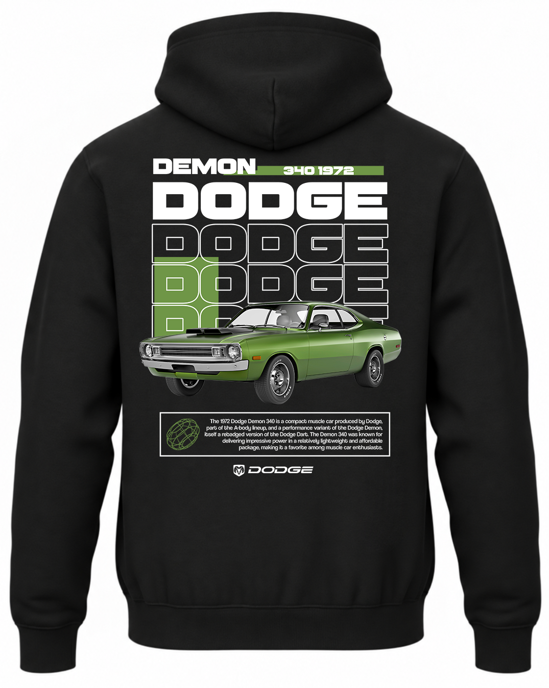 Czarna bluza z kapturem z nadrukiem zielonego samochodu Dodge Demon 340 z 1972 roku