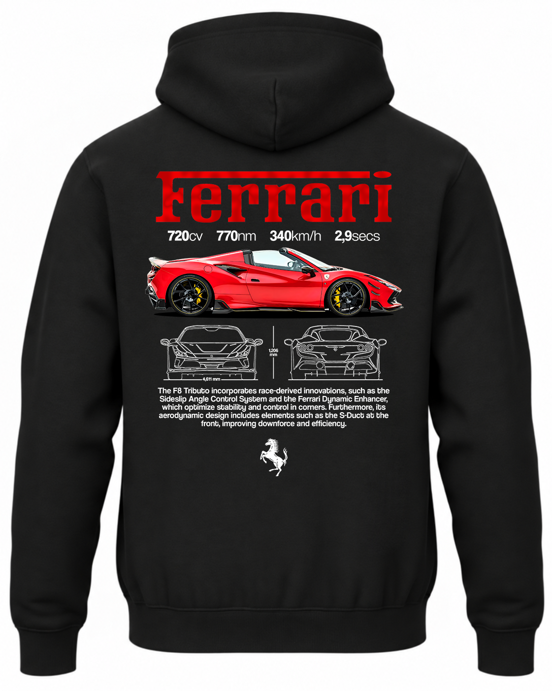 Czarna bluza z kapturem z nadrukiem czerwonego samochodu Ferrari F8 Tributo