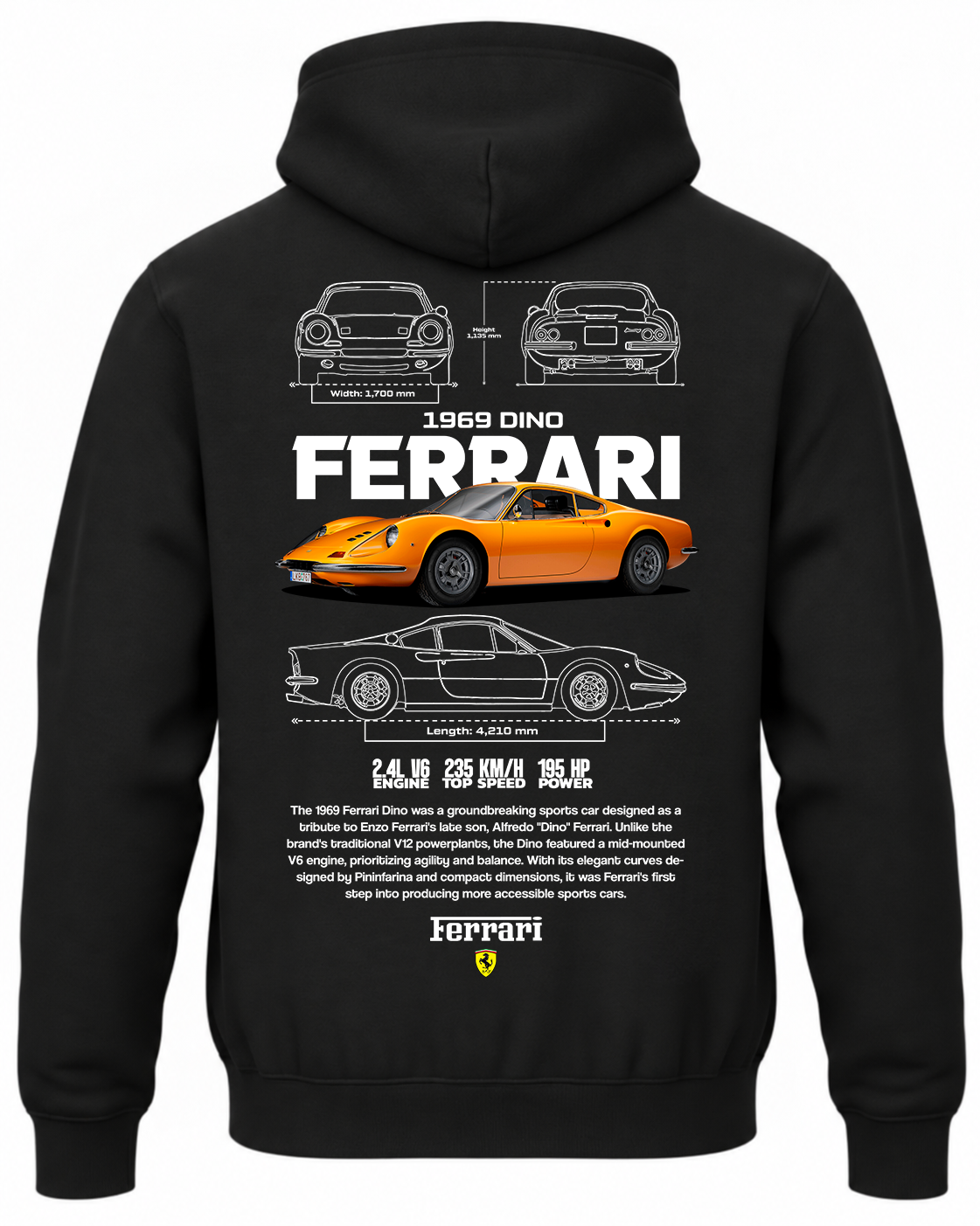 Czarna bluza z kapturem z nadrukiem samochodu Ferrari Dino