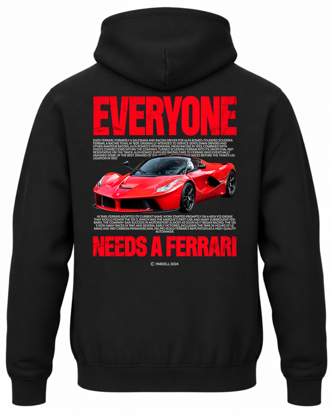 Czarna bluza z kapturem z nadrukiem Ferrari i napisem Everyone Need Ferrari