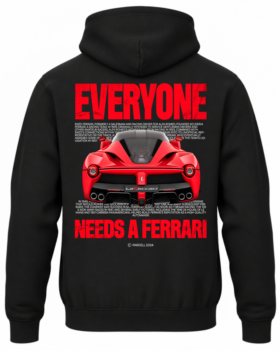 Czarna bluza z kapturem z nadrukiem Ferrari i napisem Everyone Needs a Ferrari