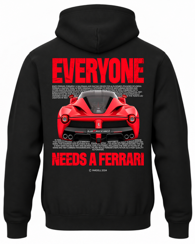 Czarna bluza z kapturem z nadrukiem Ferrari i napisem Everyone Needs a Ferrari