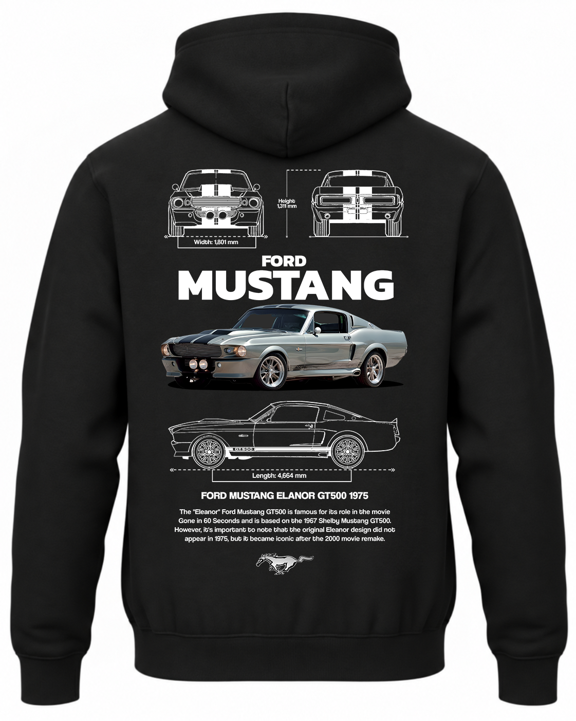 Czarna bluza z kapturem z nadrukiem samochodu Ford Mustang Eleanor