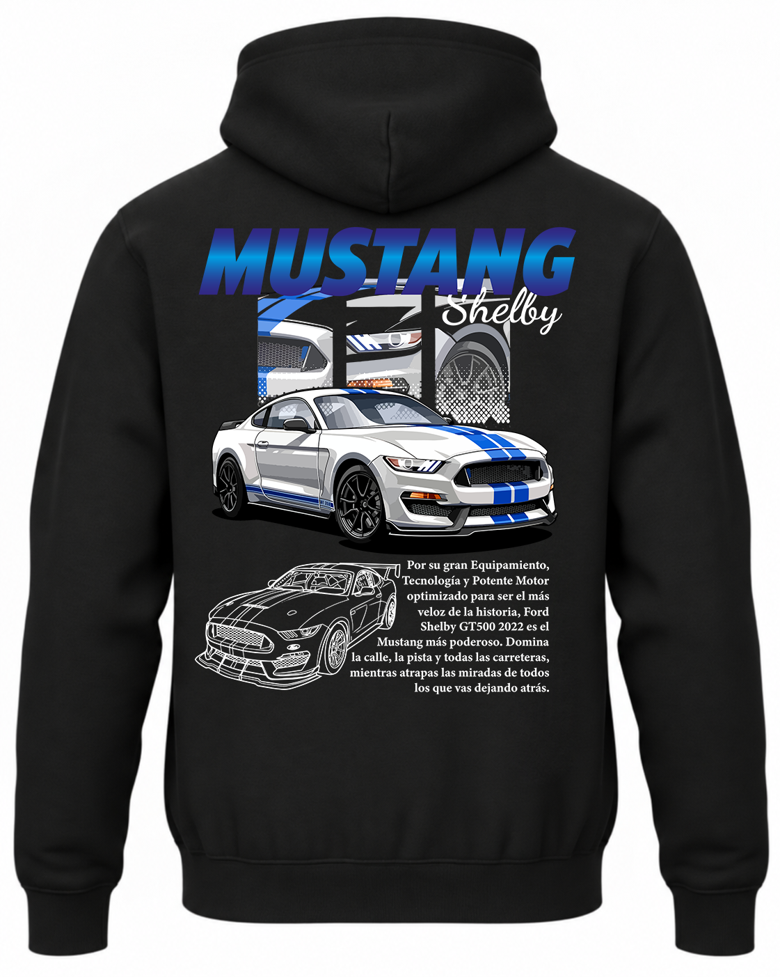 Czarna bluza z kapturem z nadrukiem samochodu Ford Mustang