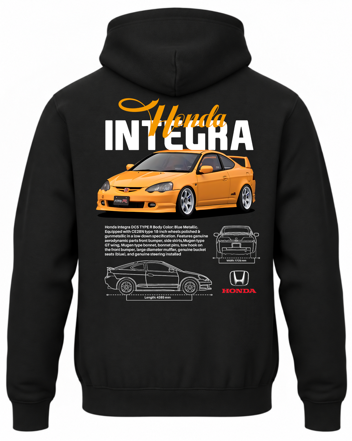 Czarna bluza z kapturem z nadrukiem sportowego samochodu Honda Integra