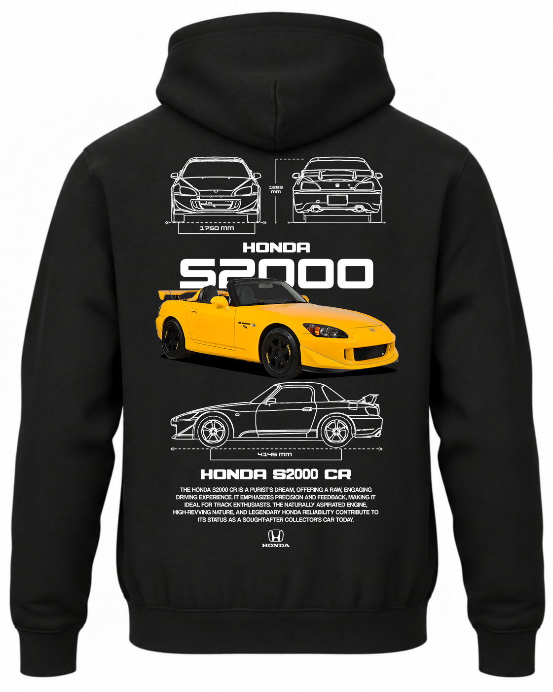 Czarna bluza z kapturem z nadrukiem samochodu Honda S2000 CR