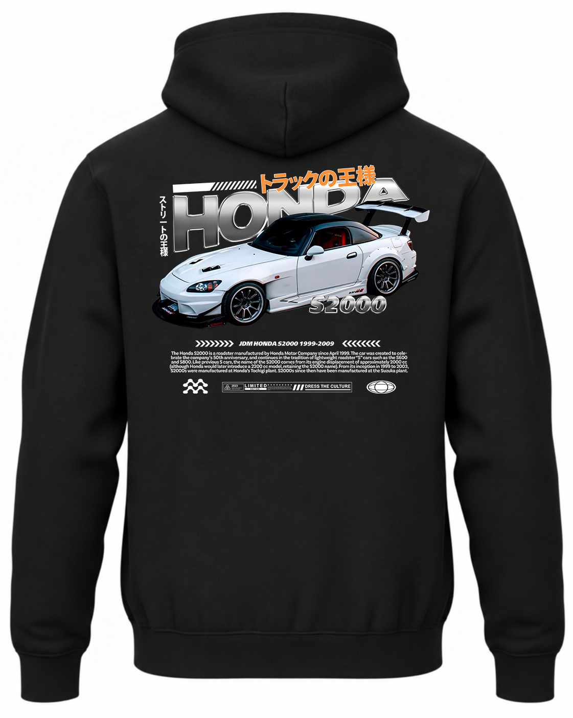 Czarna bluza z kapturem z nadrukiem samochodu Honda S2000 JDM