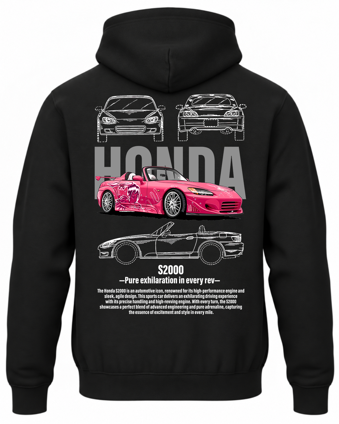 Czarna bluza z kapturem z nadrukiem samochodu Honda S2000 Suki