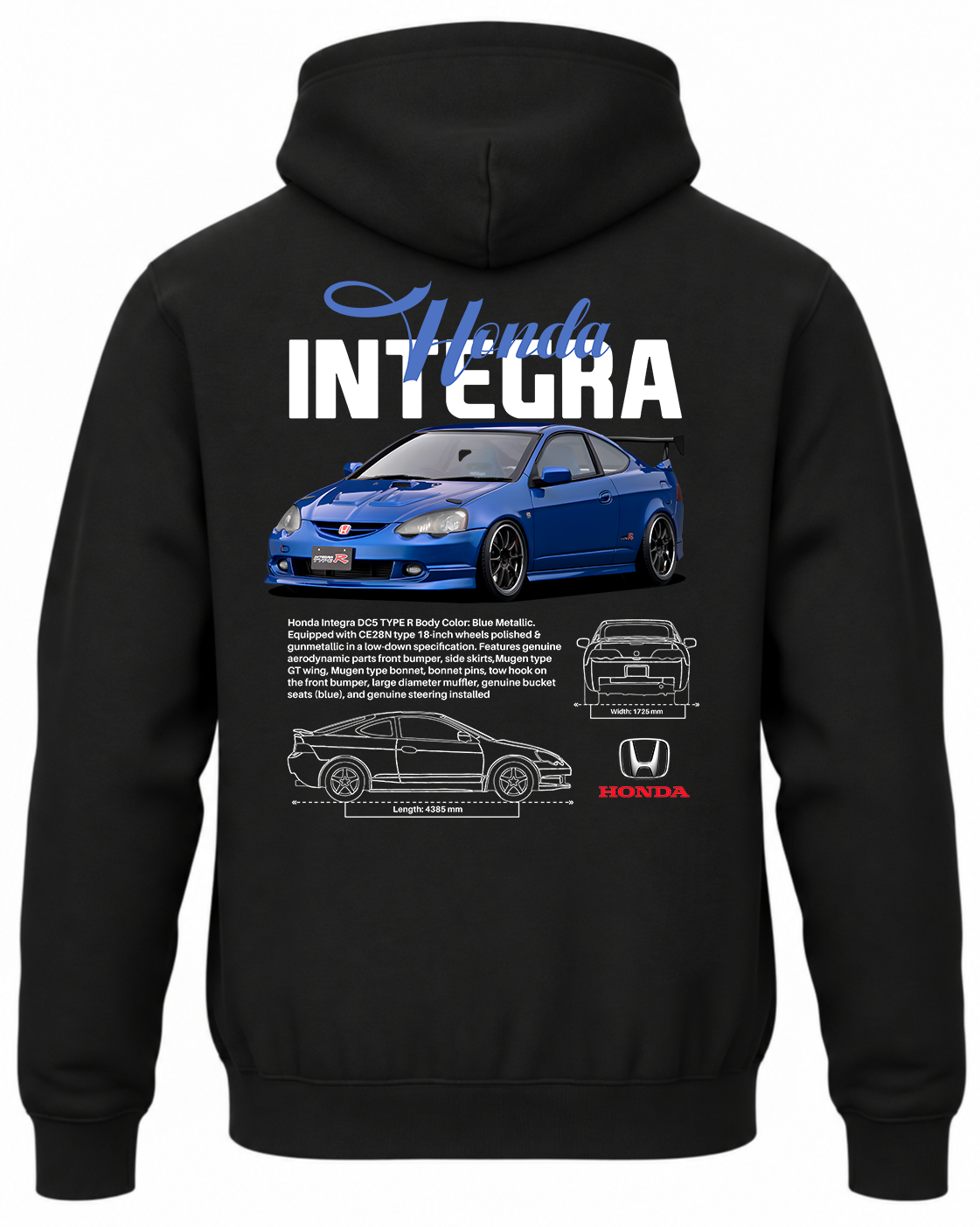 Czarna bluza z kapturem z nadrukiem samochodu Honda Integra