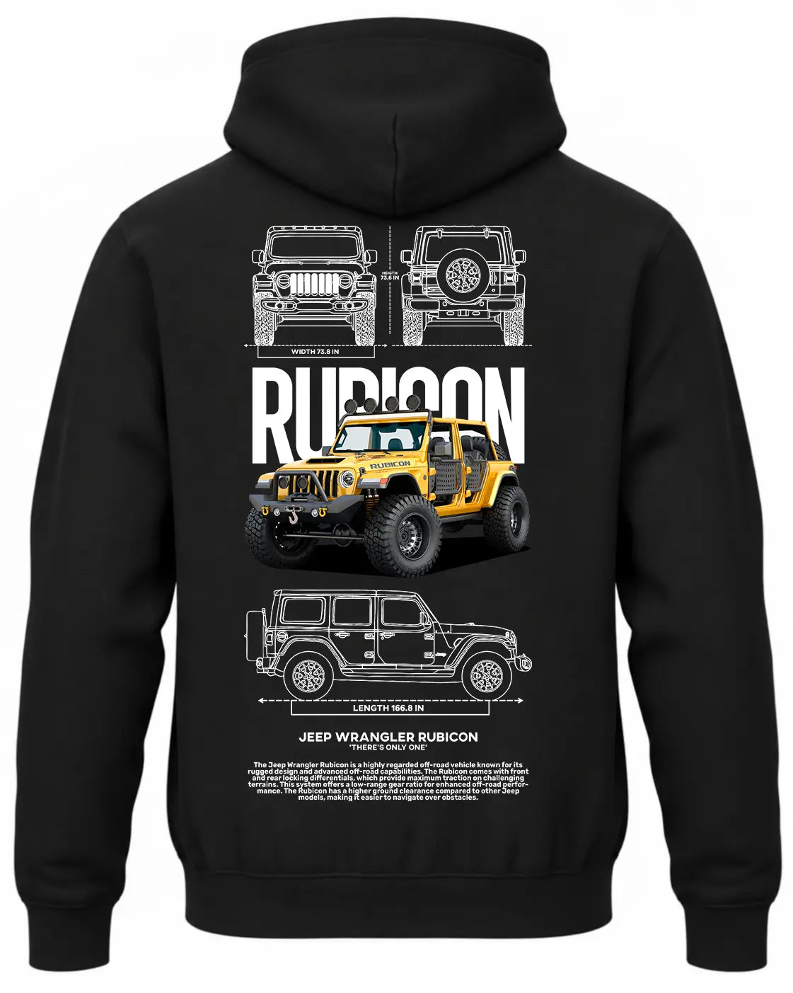 Czarna bluza z kapturem z nadrukiem żółtego samochodu Jeep Rubicon