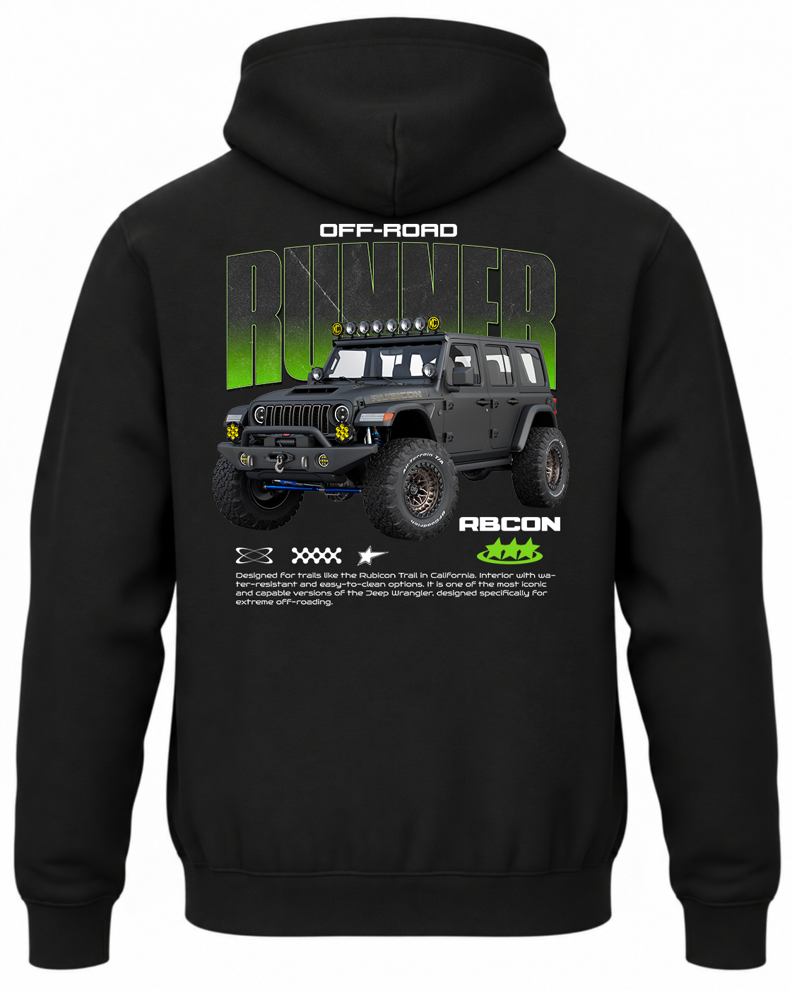 Czarna bluza z kapturem z nadrukiem terenowego samochodu Jeep Offroad