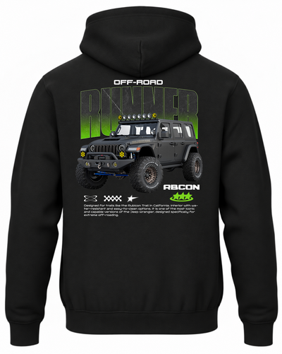 Czarna bluza z kapturem z nadrukiem terenowego samochodu Jeep Offroad