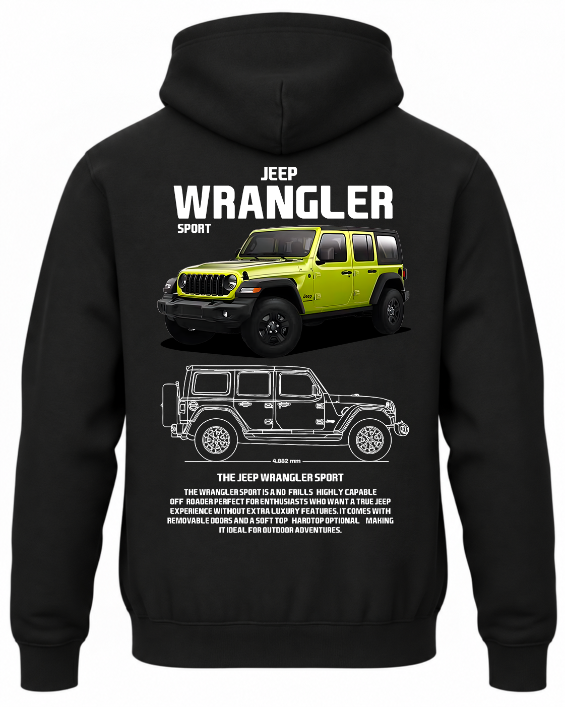 Czarna bluza z kapturem z nadrukiem terenowego samochodu Jeep Wrangler