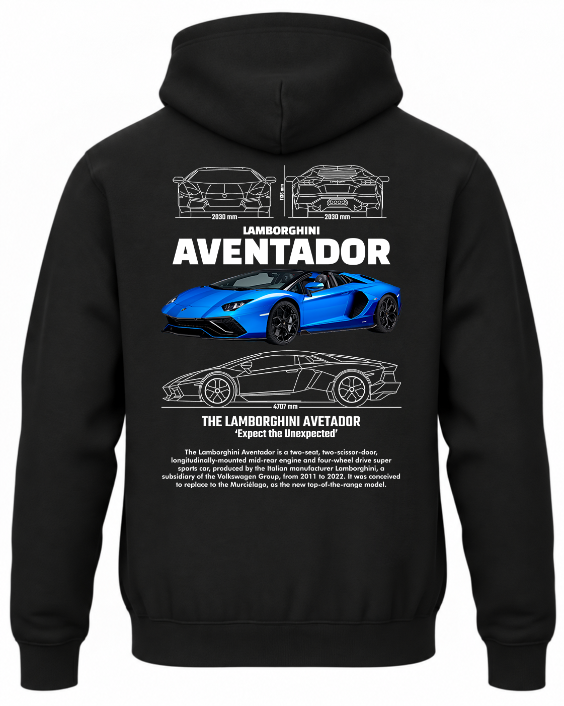 Czarna bluza z kapturem z nadrukiem Lamborghini Aventador – wzór 2