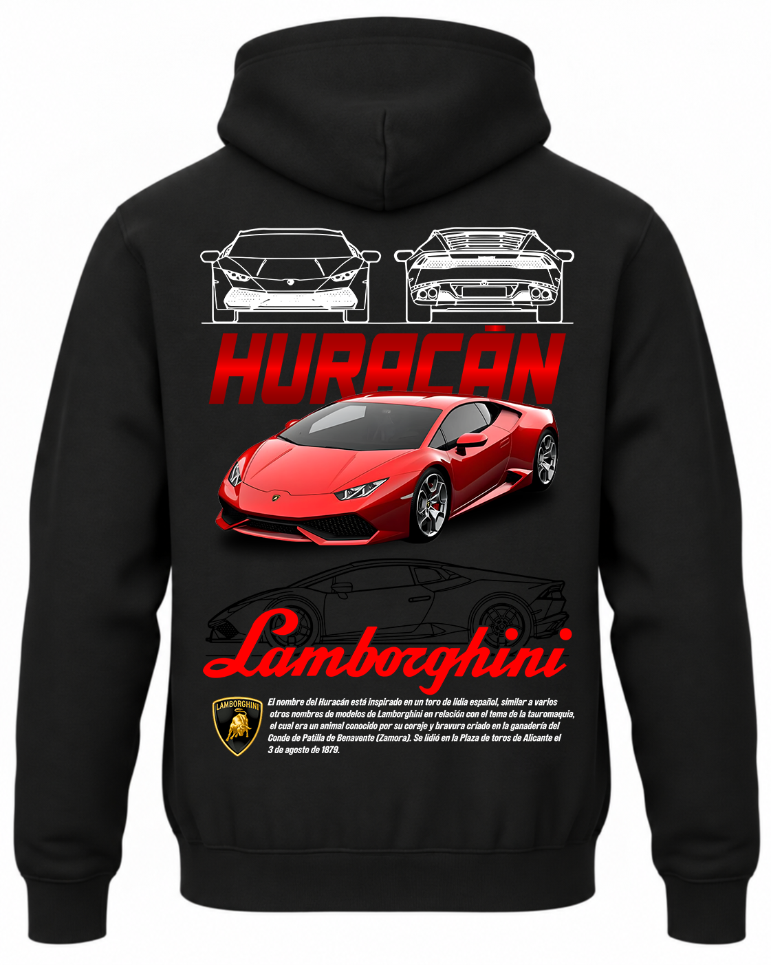 Czarna bluza z kapturem z nadrukiem Lamborghini Huracan – wzór 1
