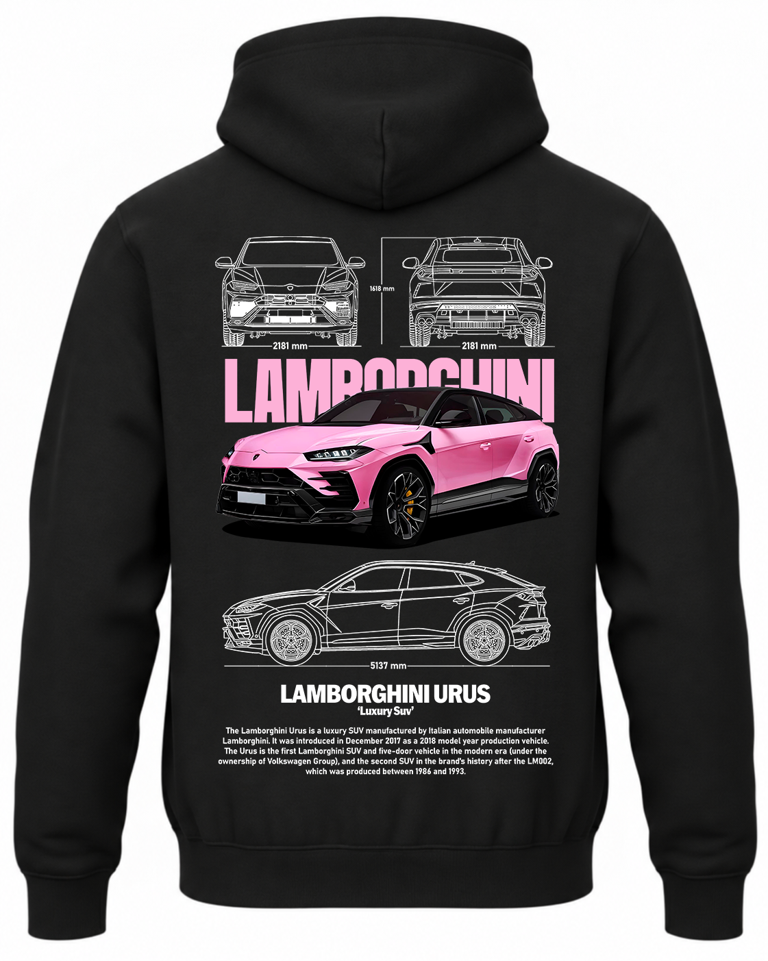 Czarna bluza z kapturem z nadrukiem Lamborghini Urus – różowy