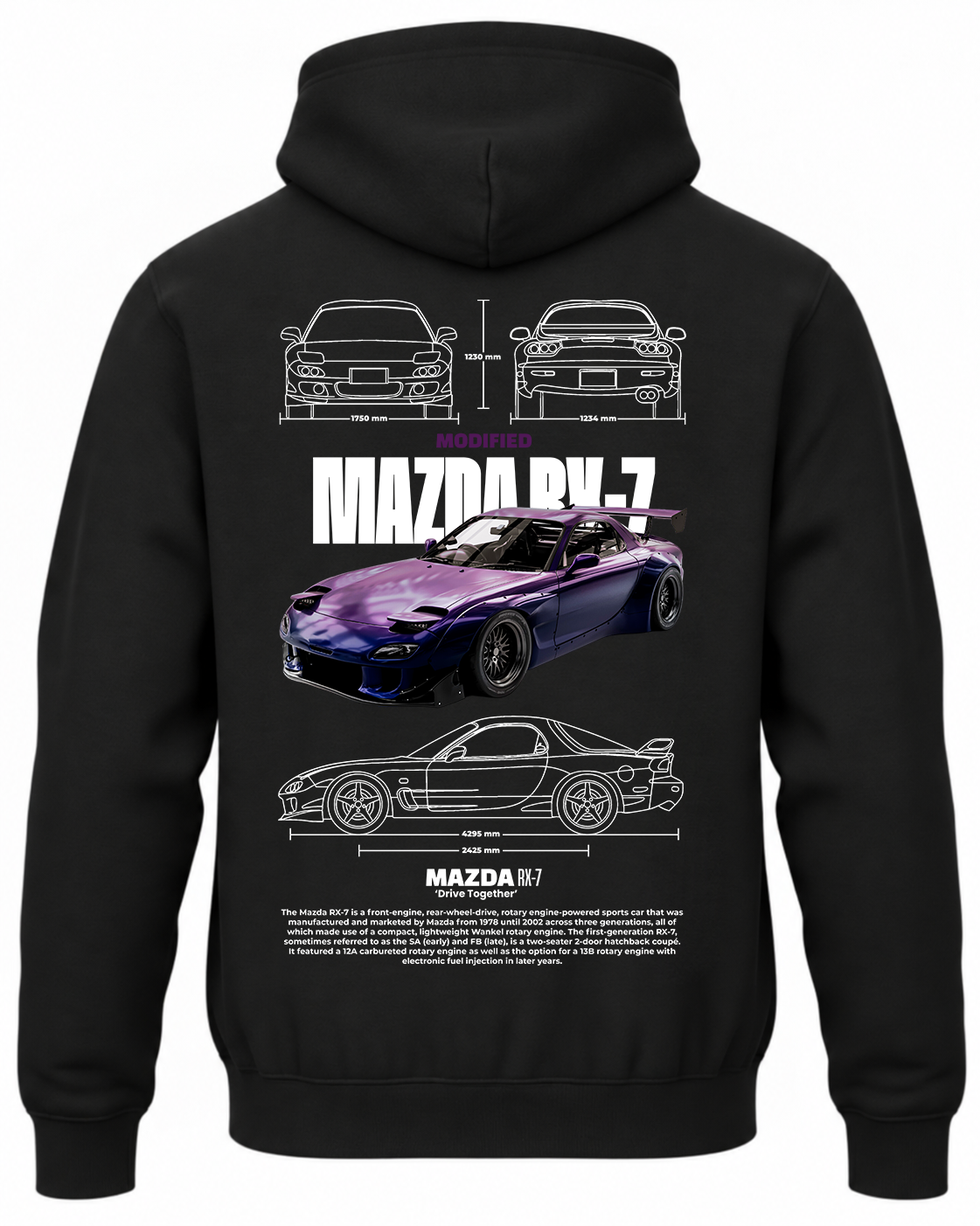 Czarna bluza z kapturem z nadrukiem Mazda RX-7 Modified