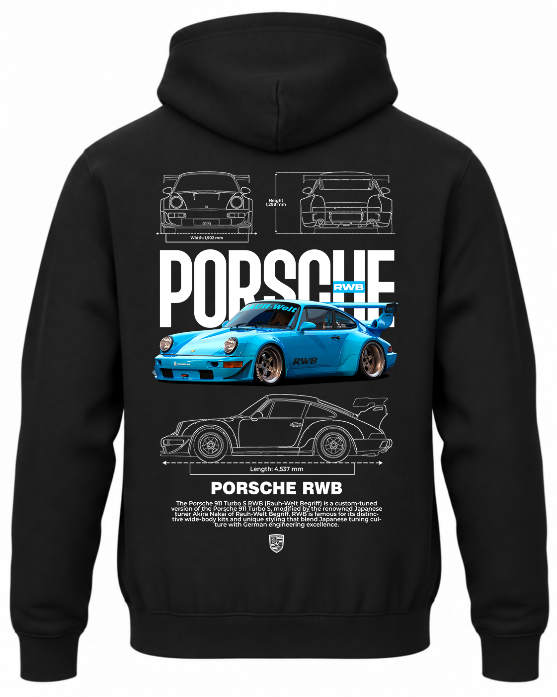 Czarna bluza z kapturem z nadrukiem Porsche 911 Turbo S RWB