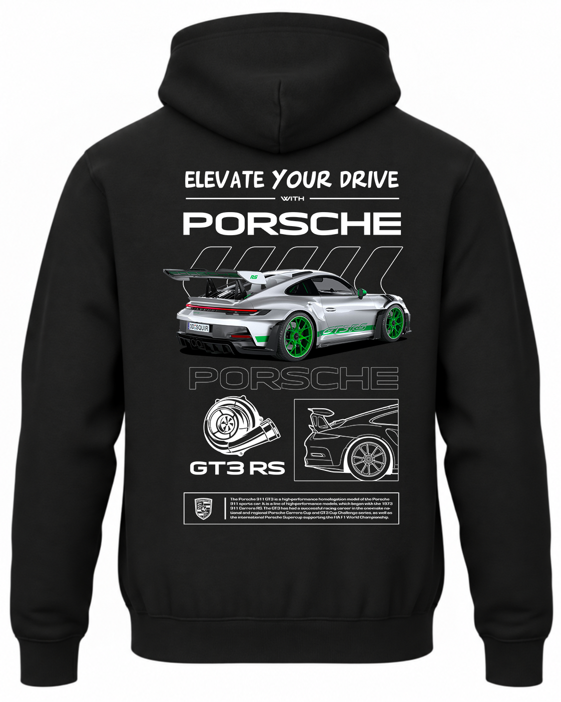 Czarna bluza z kapturem z nadrukiem Porsche 911 – wzór 2