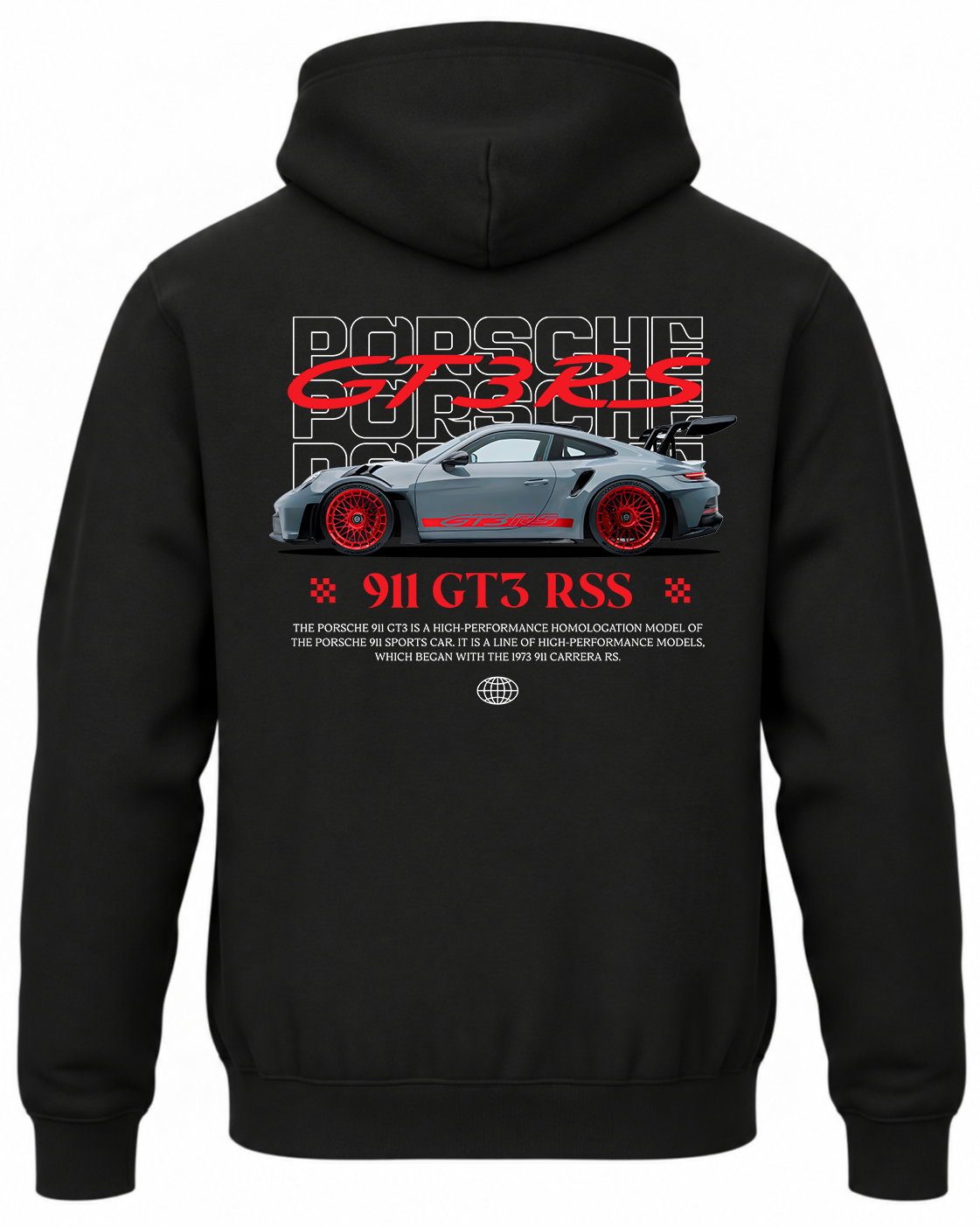 Czarna bluza z kapturem z nadrukiem Porsche – ilustracja