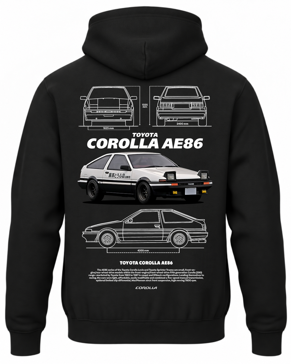 Czarna bluza z kapturem z nadrukiem Toyota Corolla AE86 Initial D