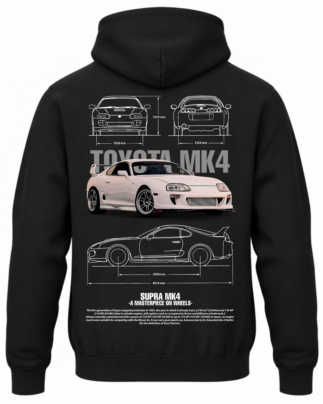Czarna bluza z kapturem z nadrukiem Toyota Supra MK4 – biały samochód
