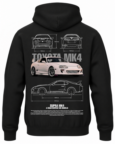 Czarna bluza z kapturem z nadrukiem Toyota Supra MK4 – biały samochód
