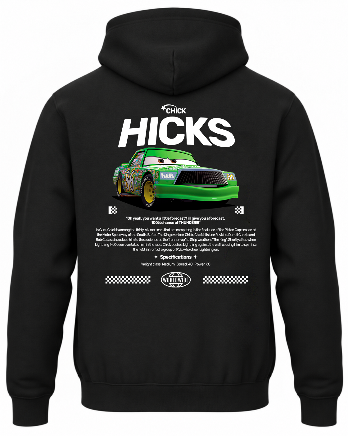 Czarna bluza z kapturem z postacią Chick Hicks z bajki Auta