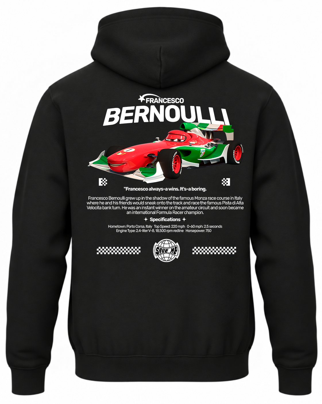 Czarna bluza z kapturem z postacią Francesco Bernoulli z bajki Auta