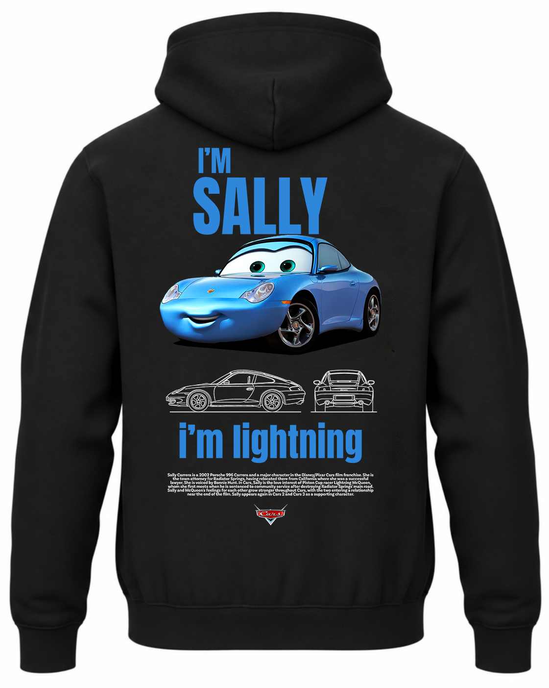 Czarna bluza z kapturem z postacią Sally z bajki Auta