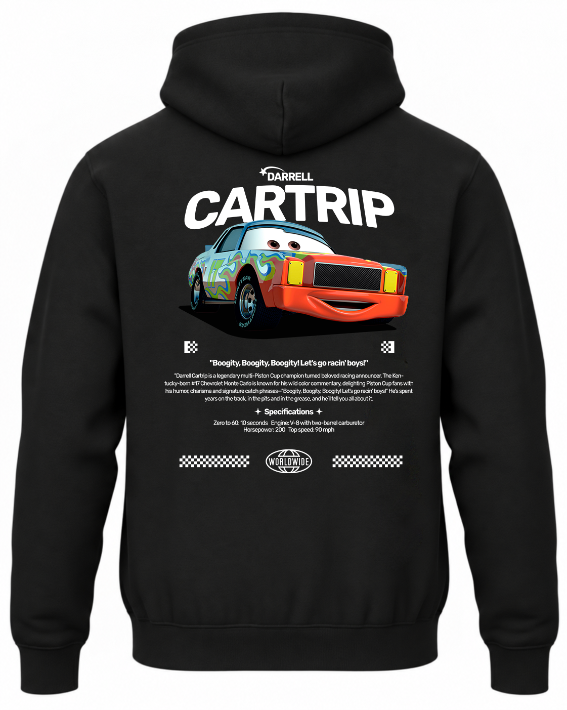 Czarna bluza z kapturem z postacią Darrell Cartrip z bajki Auta