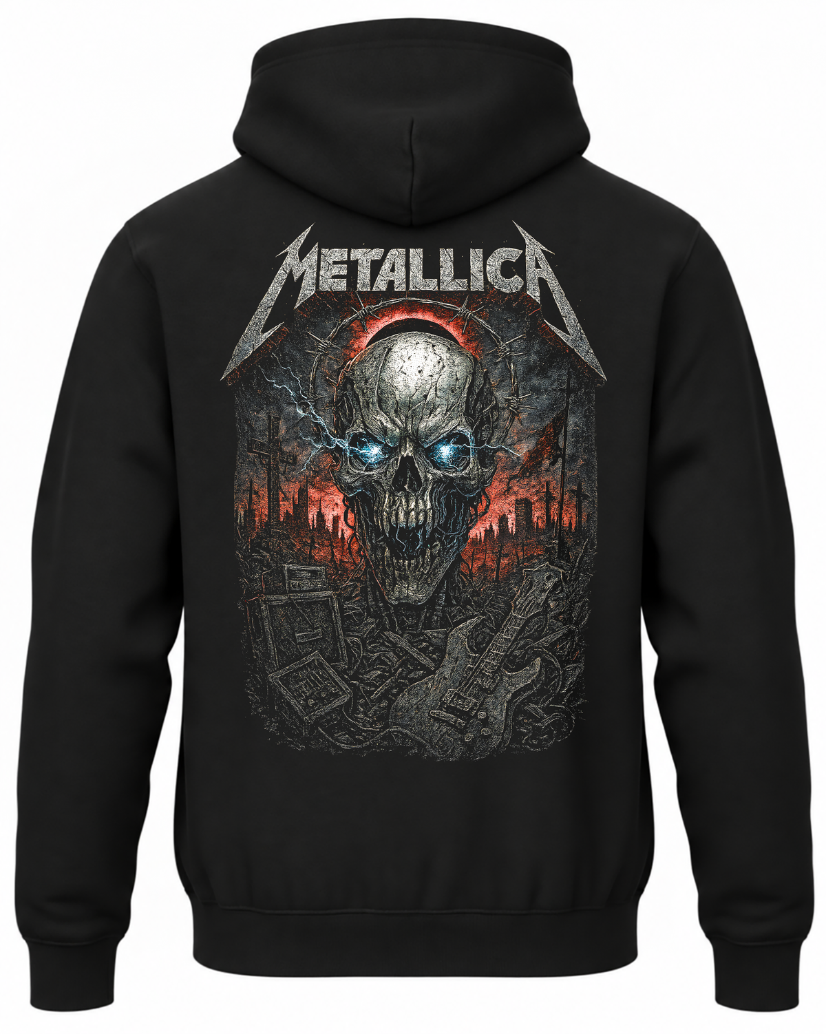 Czarna bluza z kapturem z napisem Metallica i czaszką w słuchawkach na plecach
