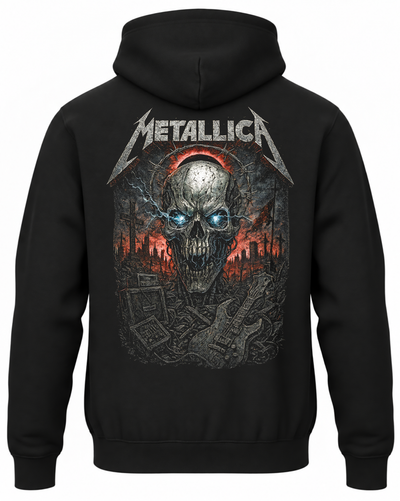 Czarna bluza z kapturem z napisem Metallica i czaszką w słuchawkach na plecach