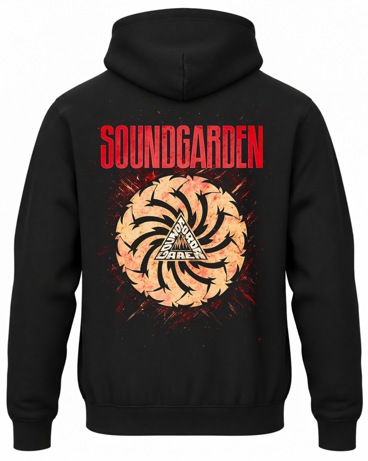 Czarna bluza Soundgarden z kapturem i dużym, pomarańczowo-czarnym okrągłym logo na plecach