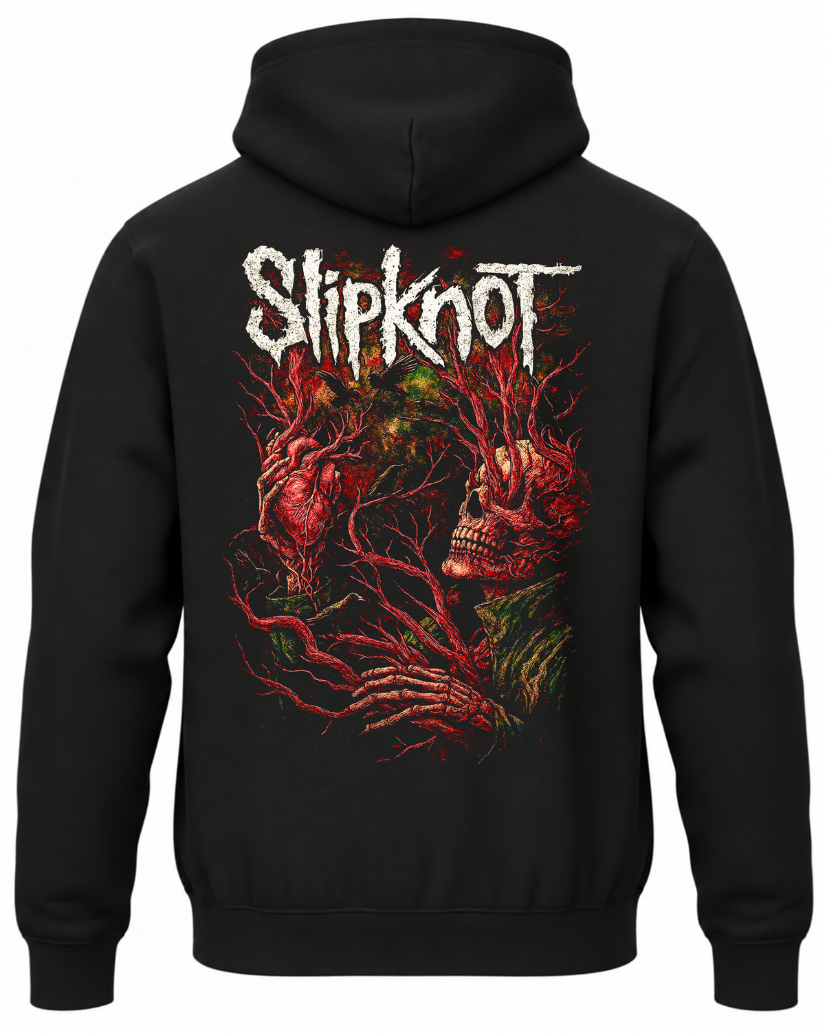Czarna bluza Slipknot z kapturem i czerwono-złotym nadrukiem zespołu na plecach