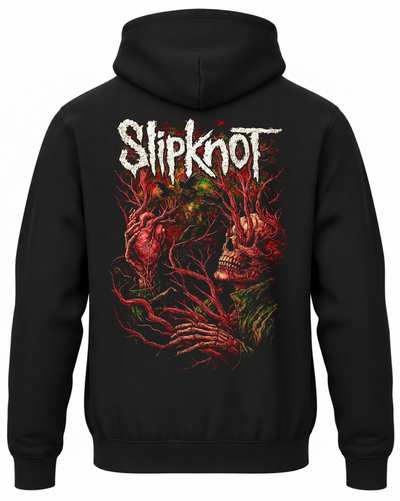 Czarna bluza Slipknot z kapturem i czerwono-złotym nadrukiem zespołu na plecach