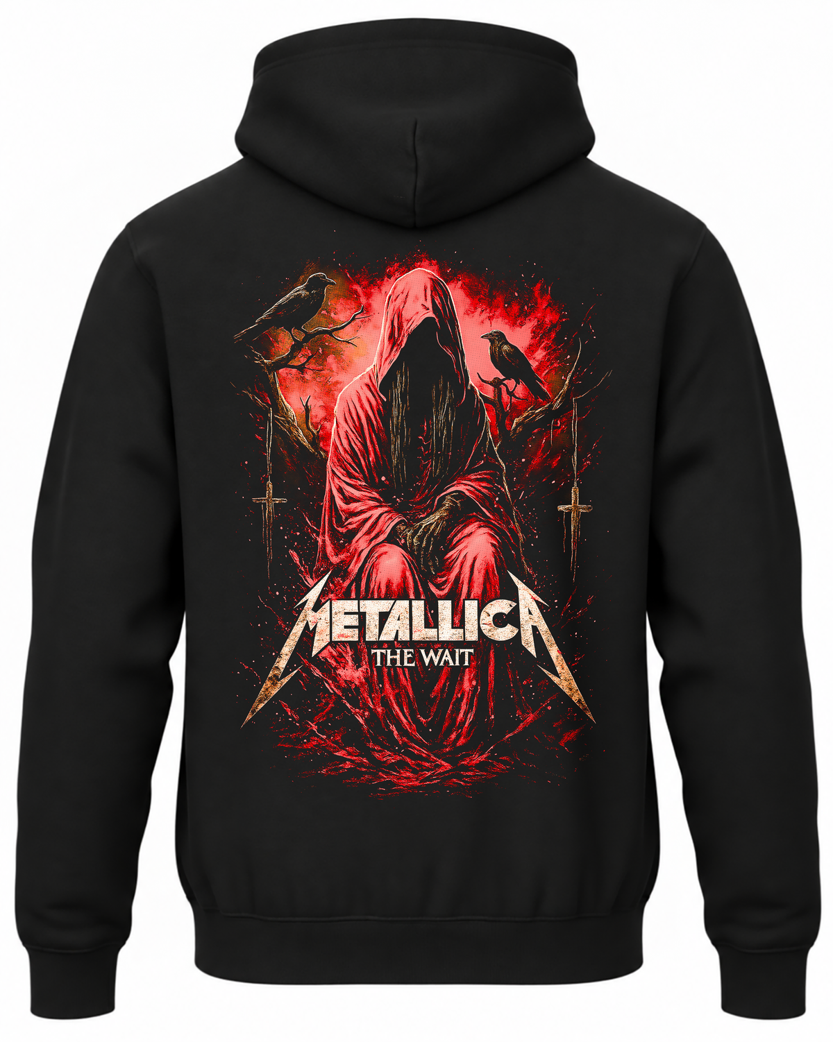 Czarna bluza Metallica z kapturem i czerwono-czarną grafiką zespołu na plecach