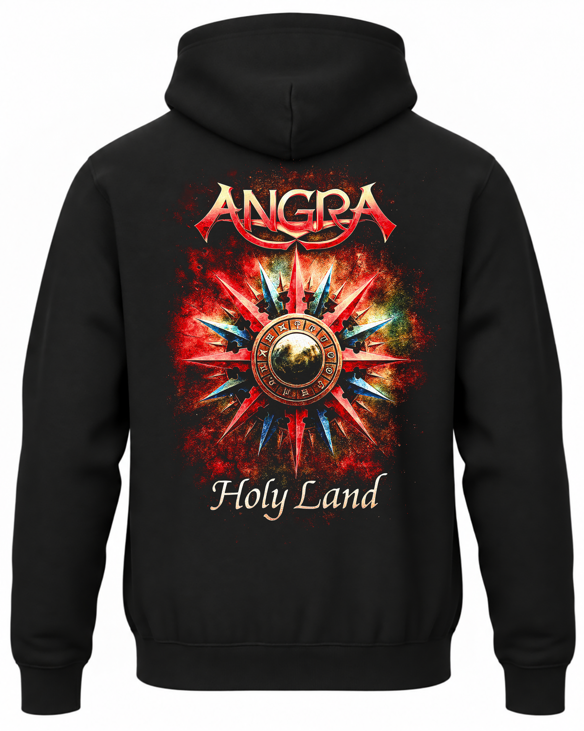 Czarna bluza Angra z kapturem i czerwono-żółtą grafiką albumu Holy Land na plecach