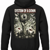 Czarna bluza z kapturem z napisem System of a Down, dłonią z telewizorem i hasłem No War na plecach