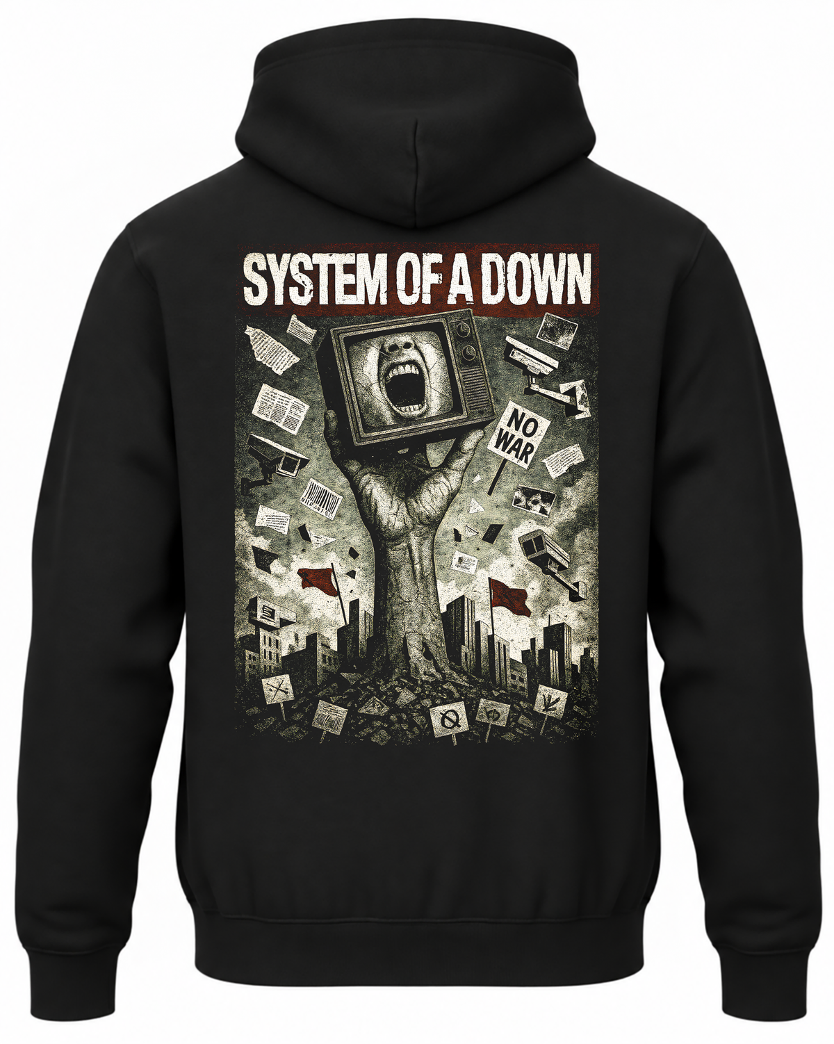 Czarna bluza z kapturem z napisem System of a Down, dłonią z telewizorem i hasłem No War na plecach