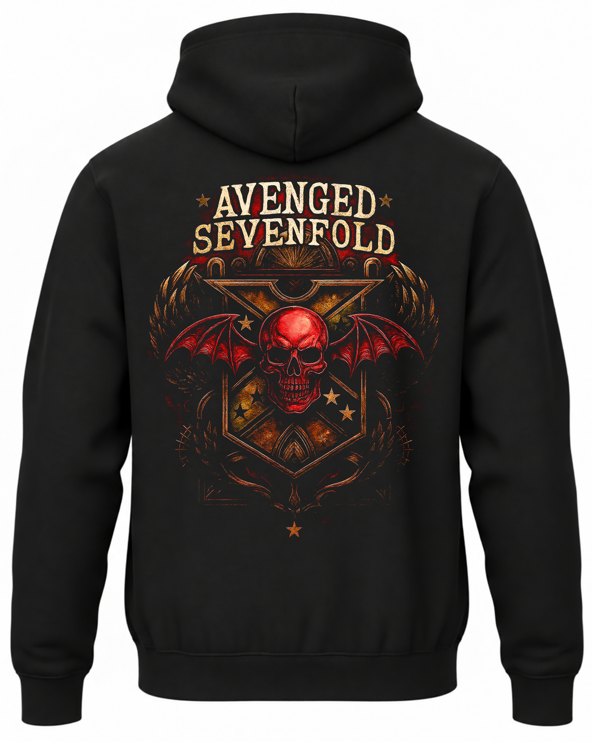 Czarna bluza Avenged Sevenfold z kapturem i czerwono-złotą grafiką zespołu na plecach