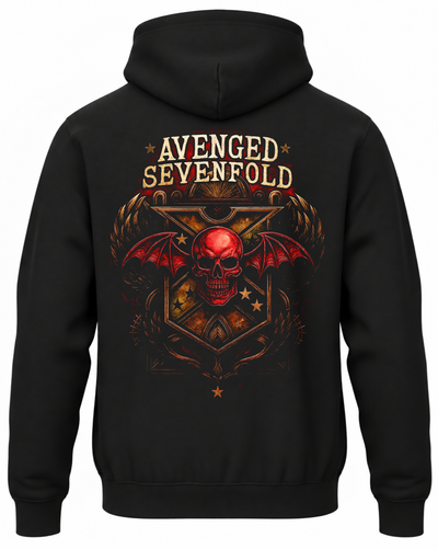 Czarna bluza Avenged Sevenfold z kapturem i czerwono-złotą grafiką zespołu na plecach