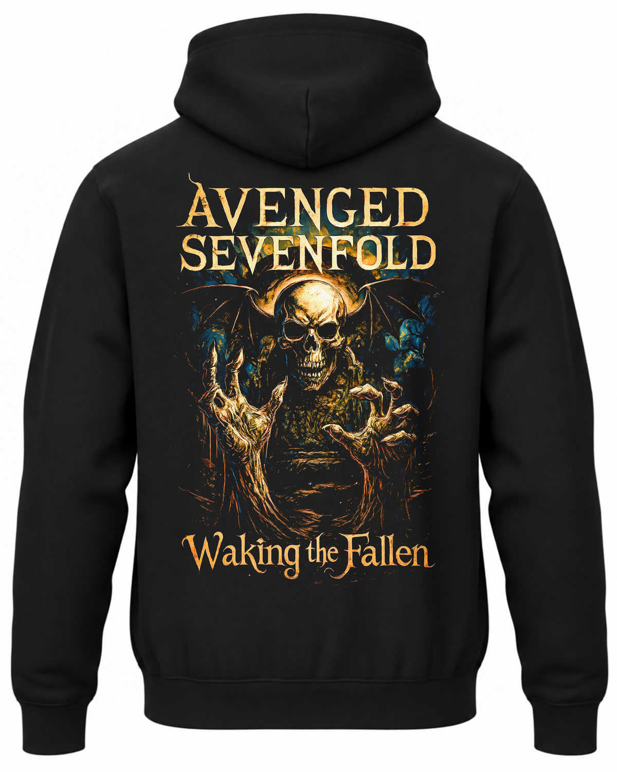 Czarna bluza Avenged Sevenfold z kapturem i złotą grafiką zespołu na plecach