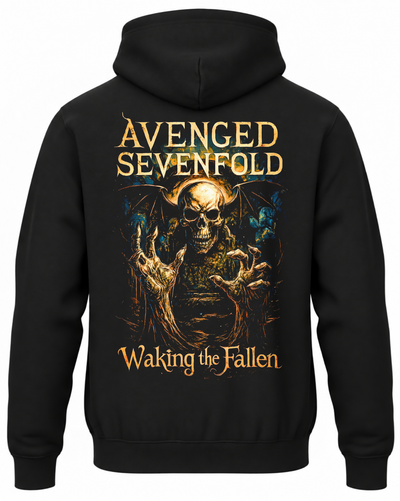 Czarna bluza Avenged Sevenfold z kapturem i złotą grafiką zespołu na plecach