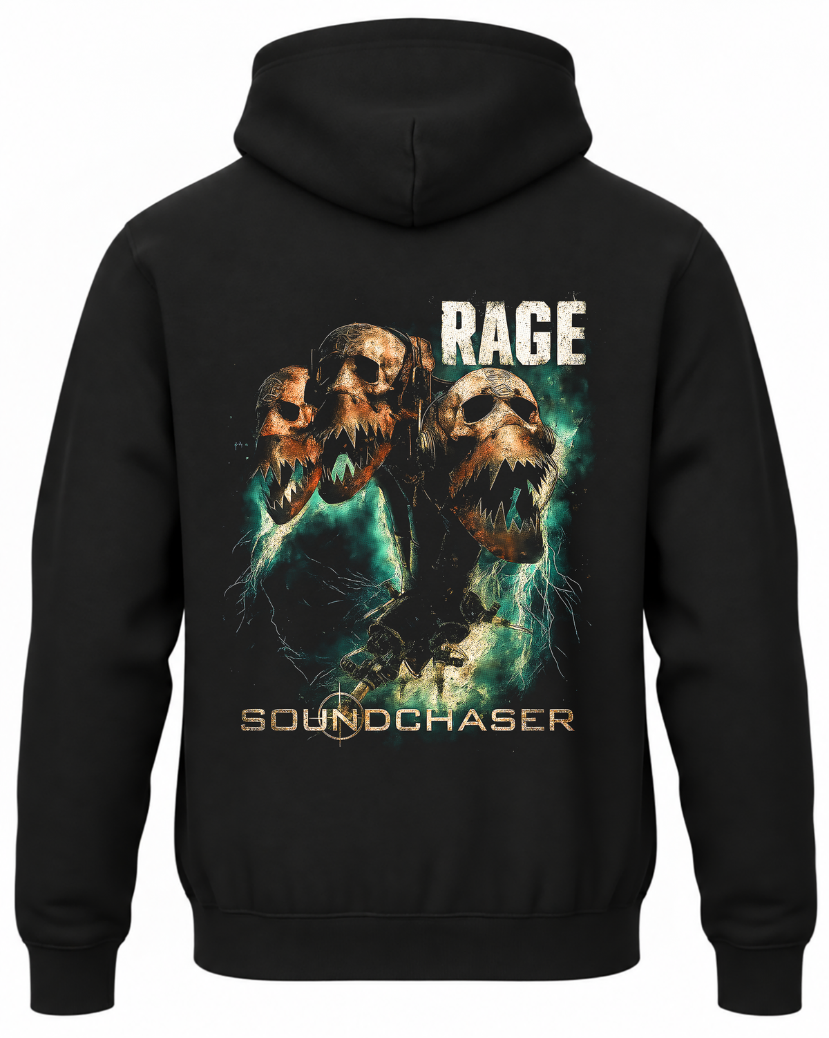 Czarna bluza Rage z kapturem i kolorową grafiką Soundchaser na plecach