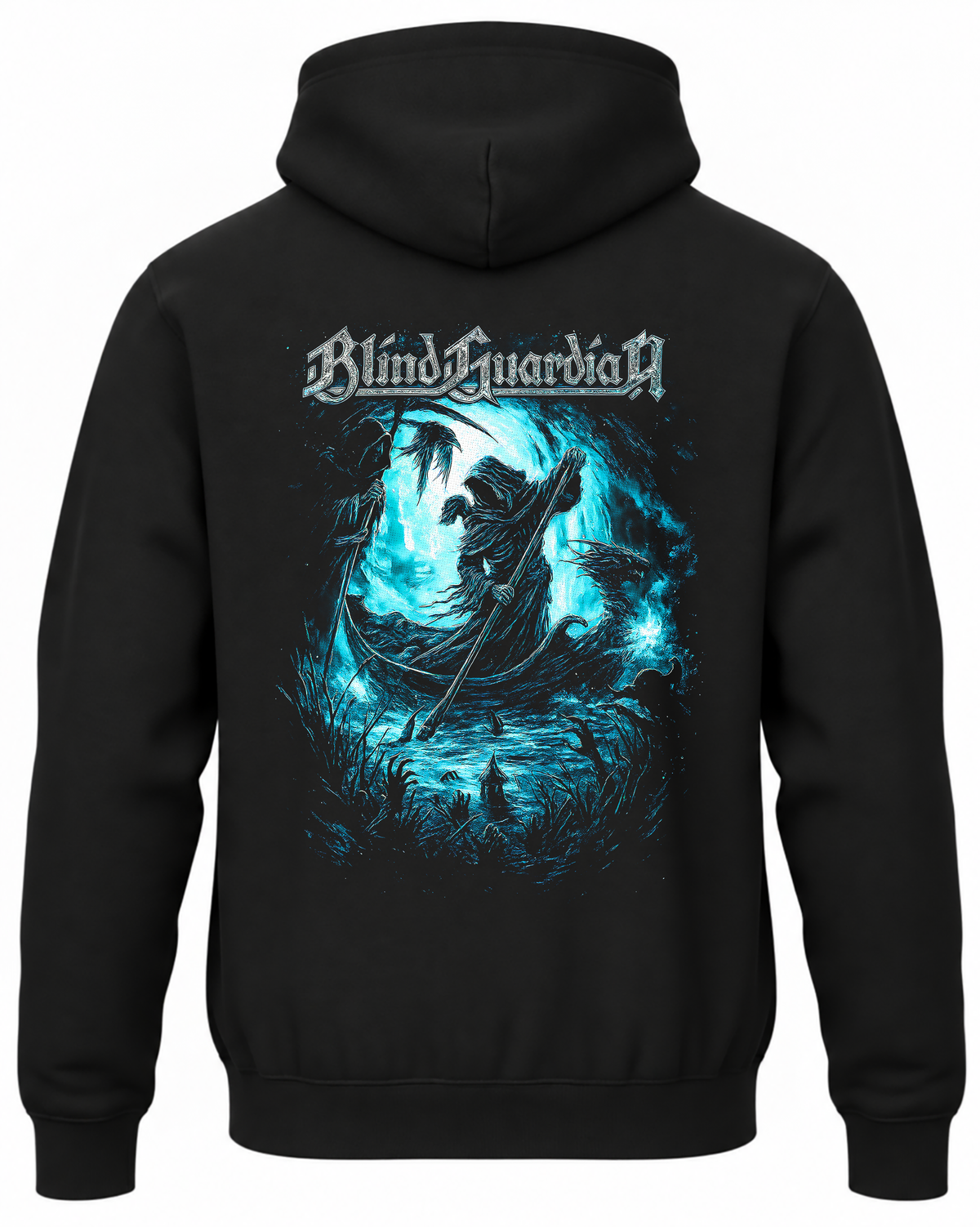 Czarna bluza Blind Guardian z kapturem i niebiesko-turkusową grafiką zespołu na plecach