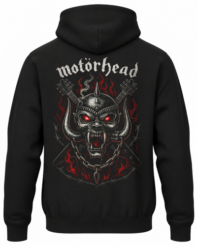 Czarna bluza z kapturem z napisem Motörhead i maskotką Snaggletooth na plecach