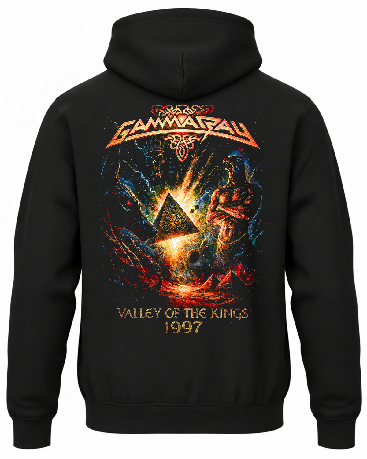 Czarna bluza Gamma Ray z kapturem i kolorową grafiką Valley of the Kings na plecach